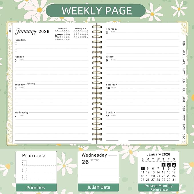 2026 Monthly Planner, Jan.2026 - Dec.2026 Weekly Monthly Planner 6.25"x8.5" with Page Tabs, Calendar Hardcover with Inner Pocket, Elastic Band, Twin-Wire Binding, Bookmark, Green Daisy