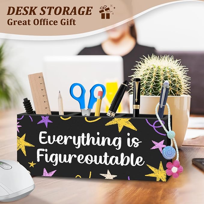WODMIS Motivational Everything Is Figureoutable Pen Pencil Holder for Desk, Inspirational Gifts for Women Men Wooden Box Organizer Decorations for Home Office Desk Accessories Tabletop