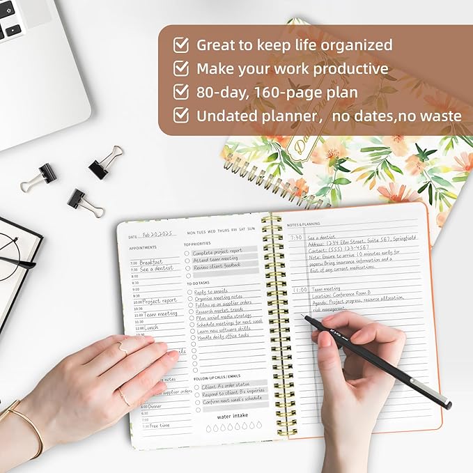 Undated Daily Planner - Spiral Notebook 80 Days One Day Per Page, Hourly Schedule, To-Do List, Notes, Everyday Planning Task, A5 Hardcover Journal Organizer Book Women Cute Aesthetic, Summer