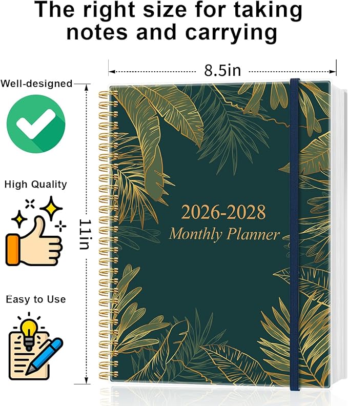 2026-2028 Monthly Planner, 3 Years Calendar from April 2026 - December 2028 with Spiral Binding, Inner Pocket, Elastic Closure, 33 Month Planner for Home | School | Office, 8.5" x 11", Green Gold Leaf