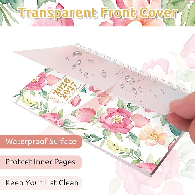 Pocket Calendar 2026-2027, Floral Small Planner -3.7" x 6.7" for Purse, Runs from January 2026 Until December 2027, Monthly Planner 2026-2027 with Coil Organizing & Planning