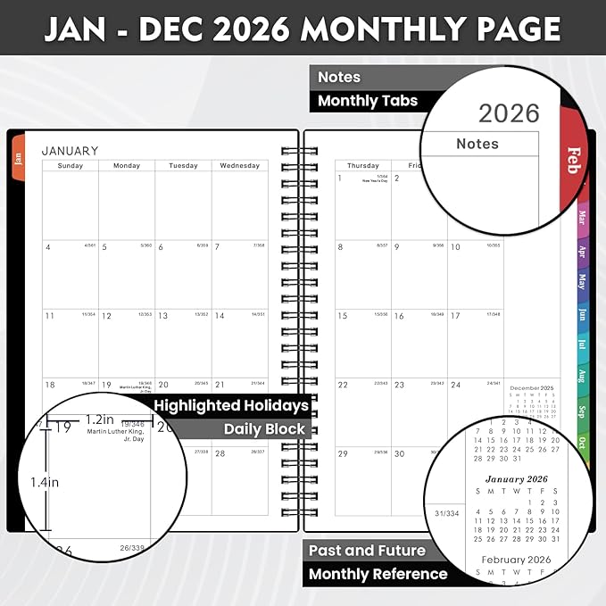 2026 Planner - 2026 Weekly Monthly Planner from Jan. 2026 - Dec. 2026, 2026 Calendar Planners with Colorful Tabs, Inner Pocket, 8.5" x 6.4" - Black