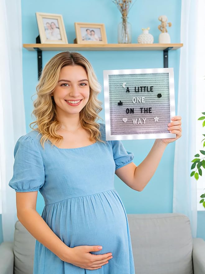 Changeable Felt Letter Board with LED Lights - 10×10" Message Custom Signs & Wood Stand & 450 Letters, Poster Board for Easter/Baby/Pregnancy Announcement/Classroom Wall Decor Gifts, Gradient