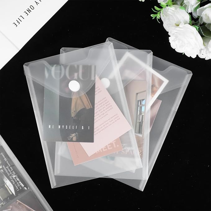 48 Pcs A5 Plastic Envelopes Die Cut Storage Pockets 7 X 10 Resealable Waterproof Clear File Folder with Snap Closure for Photos DIY Scrapbooking Paper Card Craft Organizer Office Supplies
