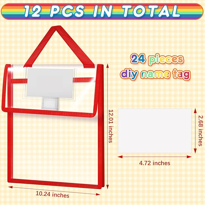 Teling 12 Pack 10 x 12 Inch Clear Book Pouches with Handles and Name Tags, Heavy Duty Reusable Library Book Bags for Classroom, Students Kids and Teacher Supplies (Bright Color)