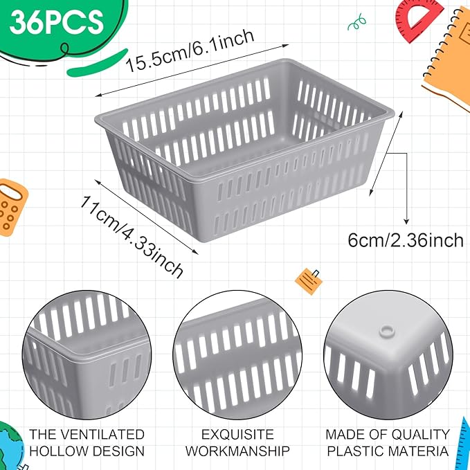 Sherr 36 Pack Classroom Storage Basket Small Plastic Basket for Organizing Crayon Pencil Container Storage Bin Tray Holder for Paper Shelf Back to School Office Supply 6.1" l x 4.3" w x 2.4" h(Gray)