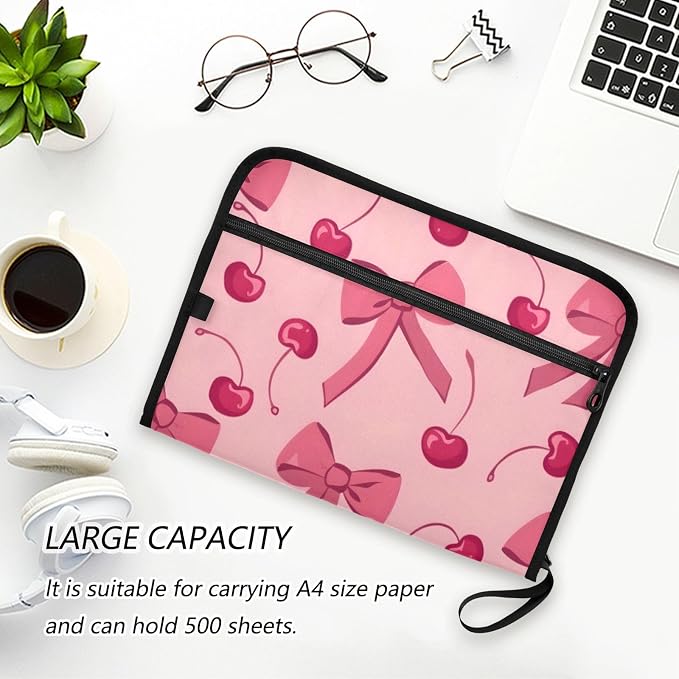 Expanding File Folder Pink Bow Cherry Accordion File Organizer 13 Pockets Document Organizer with Zipper Labels A4 Letter Office Storage