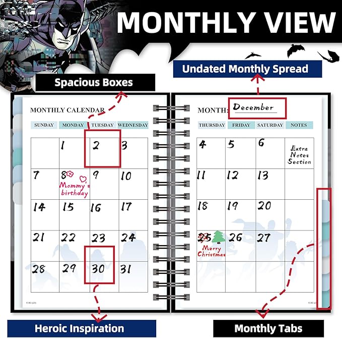 Batman 2026 Planner – Superhero Undated Daily Weekly & Monthly Planner with Calendar & Holiday Tracker, Monthly Tabs, Habit Tracker, 12 Months Spiral Agenda Book for Office School Gift Supplies