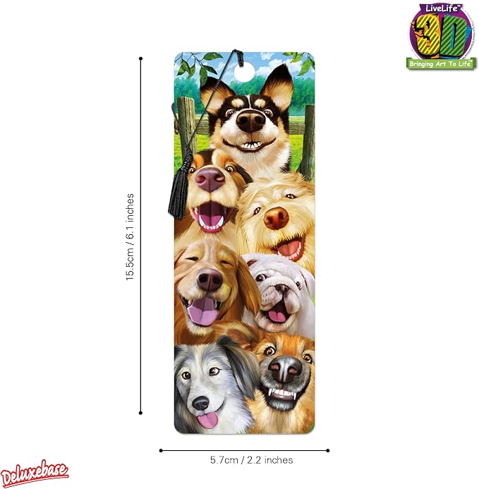 3D LiveLife Bookmark - Canine Selfie from Deluxebase. Cute Lenticular Dog Page Marker. Animal Themed Accessories for Book Lovers. Small Gifts for Men, Women, Writers and Teachers.
