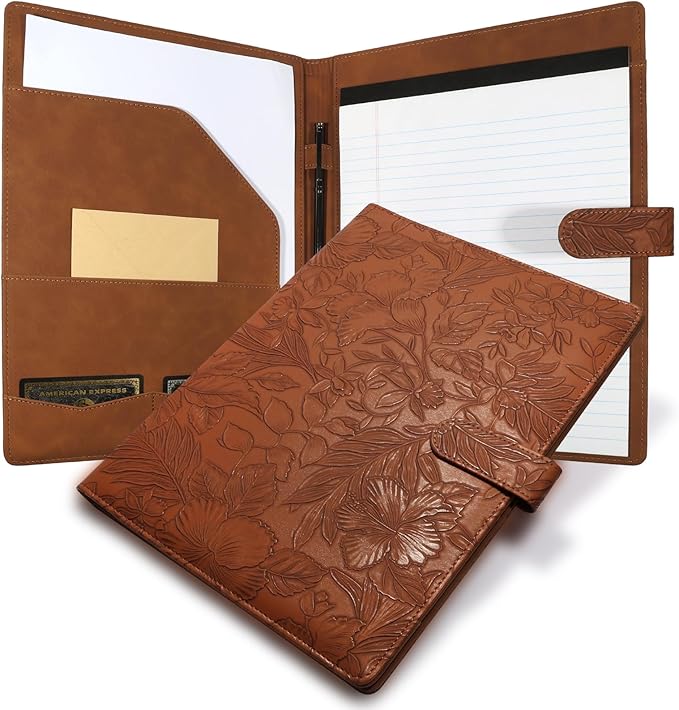 Professional Padfolio Portfolio Binder, Textured Embossing Faux Leather Folder Organizer for Letter Size Legal Pad Notepad Resume, Card Holder for Women Men Business Office Conference (Brown)