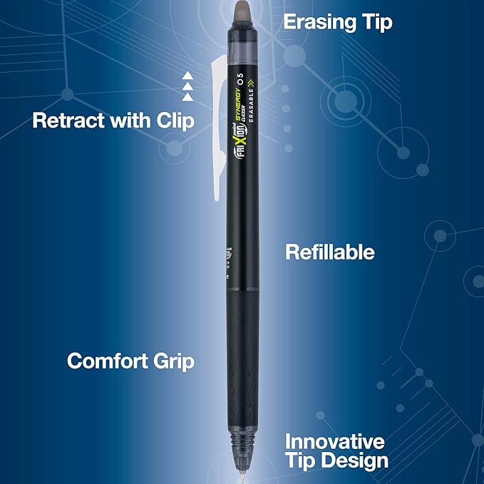 PILOT FriXion Synergy Clicker Erasable Gel Ink Pens, Extra Fine Point, Black Ink, 8-pack (17846)
