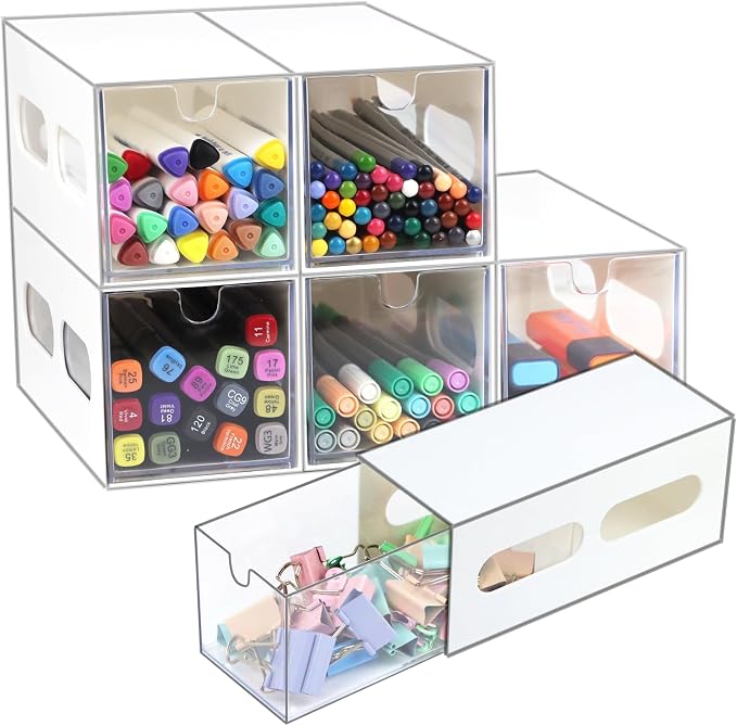 ZEXALOR Drawer Organizer Desktop Office Supplies Desk Organizer and Storage Stationary Make Up Jewelry Pen Storage Drawer, Clear Accessories Makeup Organizer Countertop Storage (White, 6 Pack)