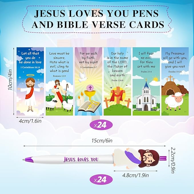 CroBlissful 48 Pcs Easter Pens Jesus Pens Bulk Christian Gift for Kid Jesus Loves You Sunday School Prize Religious Easter Gift Bible Verse Ballpoint Pen with Bookmarks for Catholic(Retro Style)