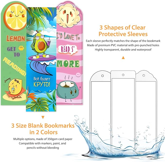 240 Pcs Kraft Paper Blank Bookmarks, 3 Sizes 2 Colors Bookmark Making Kit with 80 Pcs Clear Bookmark Sleeves & 80 Pcs Colorful Tassels, Paper Book Mark Bulk for DIY Crafts, Gift Tags, School Projects