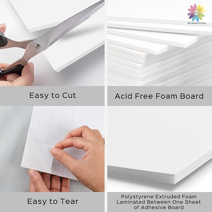 Mat Board Center, Pack of 10, 11x14 Self Adhesive Foam Board for Picture and Poster Mounting, Lightweight White Color Foam Board for Crafts, Artworks, 3/16 inches Thick