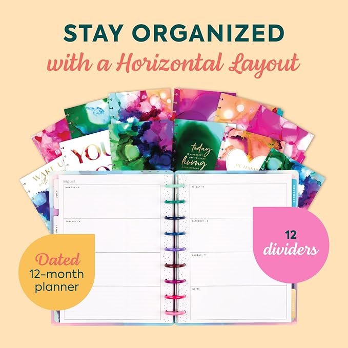 Happy Planner Disc-Bound Planner July 2026–June 2027, Includes 3 Extra Months and 2 Sticker Sheets, Classic Size, 7" x 9.25", Horizontal Layout, Live in Color