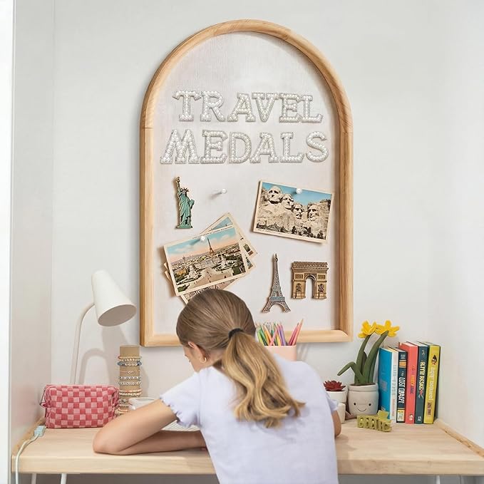 Arch Bulletin Board with Pin Linen Wedding Display Framed Decorative 24x16 Hanging Wood Vision Cork Board for Office Wall School Home Decor, 70 Pearl Studs, 26 Letter Stickers(Natural)