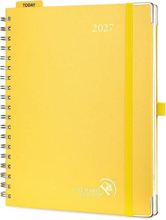 POPRUN 2027 Planner Daily Weekly and Monthly Calendar with Hourly Schedule, Monthly Tabs(Large Size 10'' x 8'' Wire-Bound Hard Cover) - Agenda 2027 (Jan.2027-Dec.2027) - Light Yellow