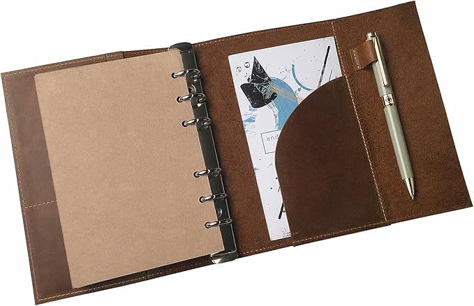 WANDERINGS A5 Leather Binder Planner - Refillable 6 Ring Journal with Inner Pockets - Hand-Crafted Genuine Leather Organizer- Filofax Compatible. 2026/27 Monthly Weekly Calendar with Notes - 6"x8.5"
