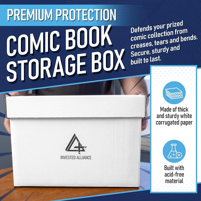 Invested Alliance Premium Short Comic Book Storage Box Organizer with Lid | Thick Cardboard Comic Storage Box For Collectibles Fits 150-175 Current/Silver Age, Heavy Duty & Stackable.
