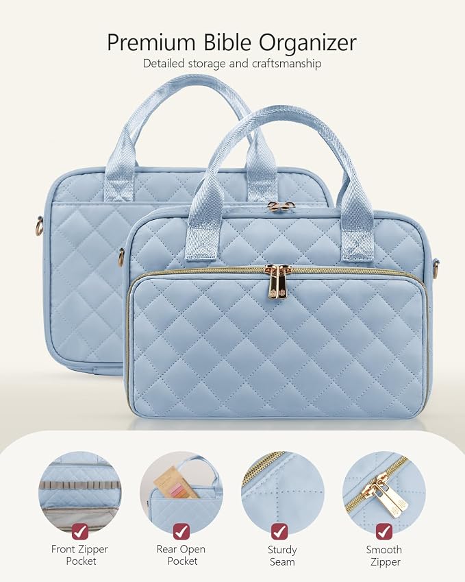 All-in-One Bible Journaling Kit – Quilted Bible Cover Case for Women, 31 Highlighters, 75 Tabs, Bible Study Supplies & Christian Gift for Women and Teens (Shoulder Strap, Grayishi Blue)