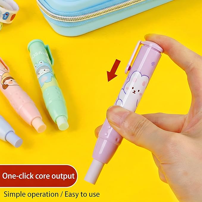 Cute Pencil Erasers, Kids Retractable Erasers with Refills, Standard Pen-Style Erasers, Fun Click Erasers, Kawaii Japanese Stationery Supplies (Blue)