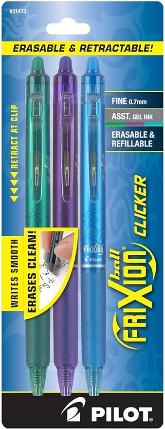 PILOT FriXion Clicker Erasable, Refillable & Retractable Gel Ink Pens, Fine Point, Green/Purple/Turquoise Inks, 3-Pack (31473)