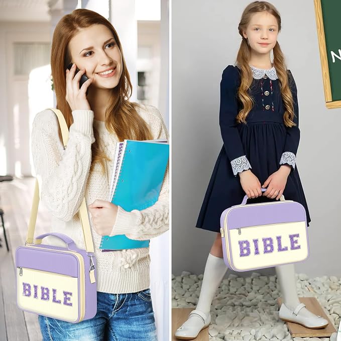 FINPAC Large Bible Cover w/Shoulder Strap, Carrying Book Case Church Bag Bible Protective w/Pen Slots and Zippered Pocket, Gift for Women Lady, Letter Purple
