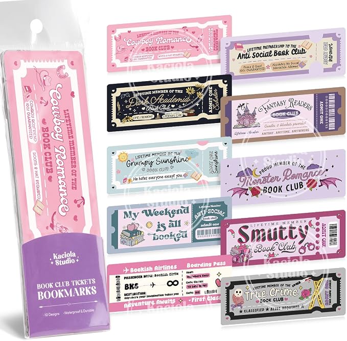 Kaciola 10PCS Funny Bookmarks for Women, Booklovers Club Ticket Theme Book Marks Bookish Items Gift, Cute Bookmarks for Women Booklovers Teachers Adults Reading