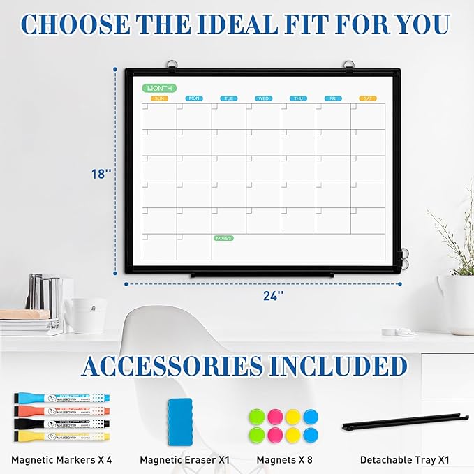 WALGLASS Dry Erase Calendar Whiteboard for Wall, 24" x 18" Double-Sided Monthly Calendar White Board with Black Aluminum Frame, Hanging or Wall Mount Dry Erase Whiteboard for Home, Office, School