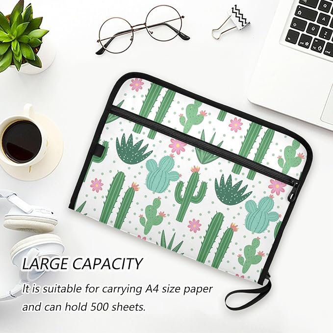 Expanding File Folder Cactus Pattern Accordion File Organizer 13 Pockets Document Organizer with Zipper Labels A4 Letter Office Storage