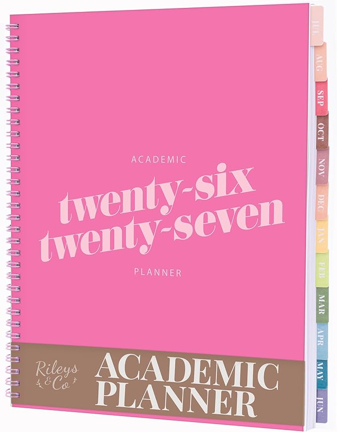 Rileys Academic Planner 2026-2027, Daily, Weekly & Monthly Planner, July 2026 - June 2027, Student Notes Pages, Twin-Wire Binding, Weekly Agenda for School & Work (8.5 x 11-Inches, Diagonal, Pink)