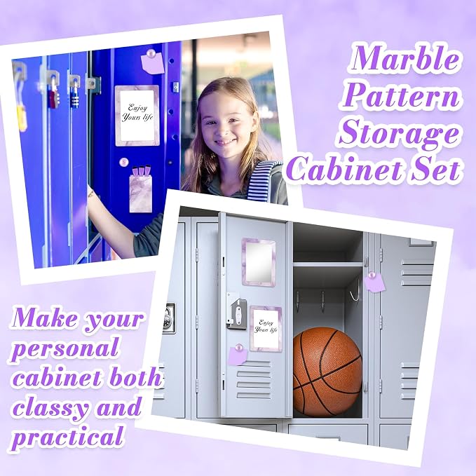 Denylo pro Magnetic Locker Marble Accessories Kit Purple Back to School Essentials Locker Organizer Supplies Include Mirror Whiteboard Pen with Holder Magnet Magnetic Buckle Back to School Essentials