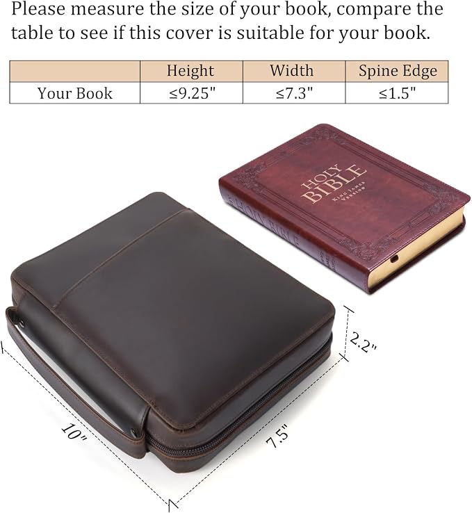 Polare Full Grain Leather Bible Cover Church Bag 10x7.5x2.2 inch Carrying Book Case Bible Protective with Handle and YKK Zippered Pocket (Dark Brown)