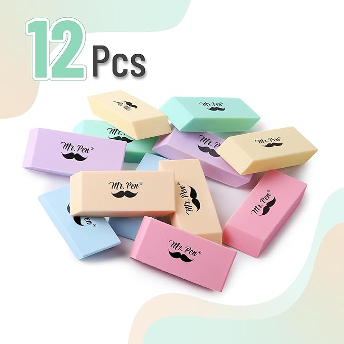 Mr. Pen- Pencil Eraser, 12 Pack, Pastel Colors, Large Latex Free Block Erasers for School, Office, Art Sketching, Homework, Exams, Clean Smudge-Free Correction