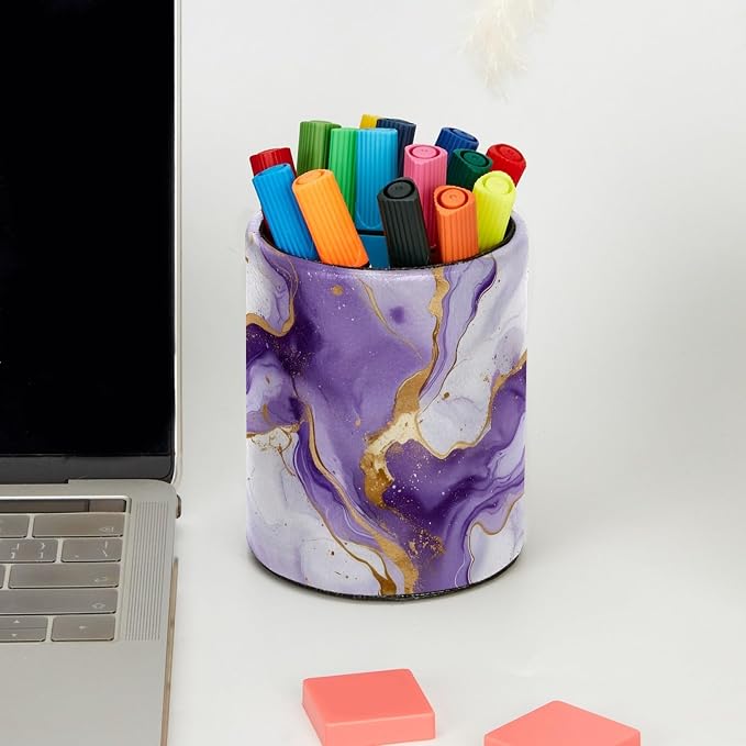 White and Purple Marble Art Leather Pen Holder for Desk, Multifunctional Desktop Organizer Pencil Cup, Desktop Caddy Stationery Organizer for School Home Office Desk Accessories