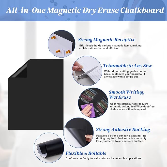 Magnetic Chalkboard Contact Paper Adhesive 39.37" x 78.74", Magnetic Chalkboards for Wall, Peel and Stick Wall Decal for Classroom Home Includes Dustless Chalks and Wiping Cloth
