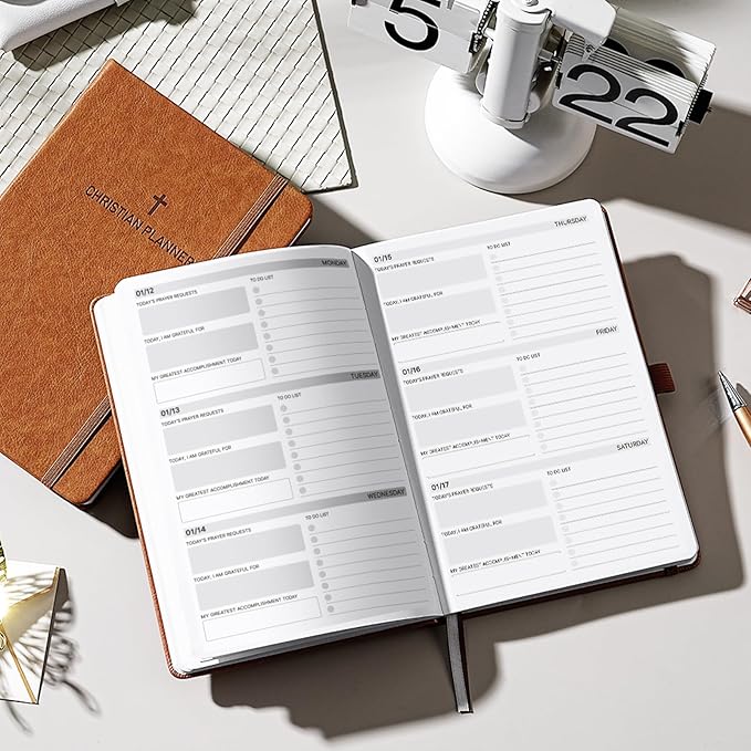2026 Planner - Christian Planner 2026, JAN. 2026 - DEC. 2026, 5.7" x 8.4", 2026 Weekly Monthly Planner with Stickers, Daily Bible Planner 2026, Pen Holder, Back Pocket, Leather Hardcover - Brown