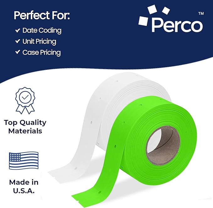 Perco White & Green Pricing Labels for Perco 2 Line Price and Date Gun – One White & One Green Sleeve - 2 Sleeves, 16 Rolls Combo Pack - 12,000 Price Marking Labels – with Label Scraper Included