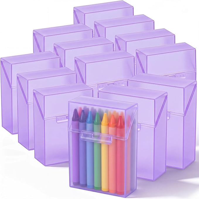 Clabby 12 Pcs Plastic Crayon Organizer Case for 24 Count Crayons Kids Art Supply Storage Box with Lid, Portable Holder for Classroom Home Travel, Fits Standard 24-Pack Crayon (Purple)