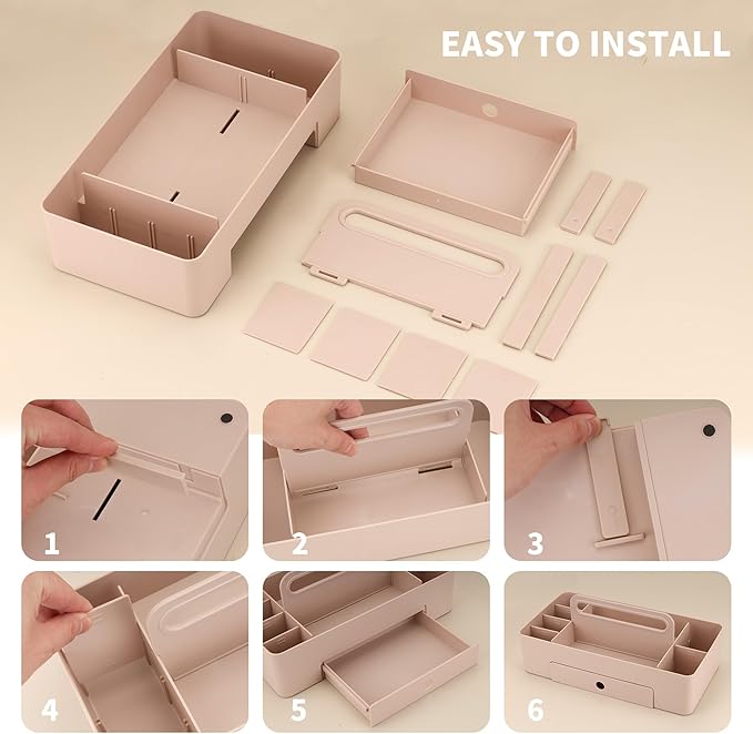 Multipurpose Caddy Organizer with Handle -8 Compartments and 1 small drawer - Art Craft Supplies, Office, Desk, Stationery Pen Holder, Makeup, Bathroom, Shower, Cleaning, Dorm Organizer - Pink