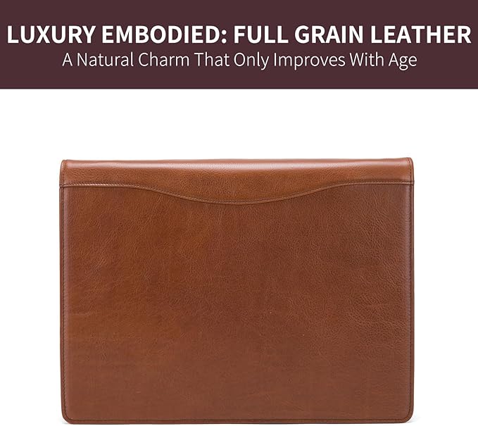 Genuine Leather 3 Ring Binder, 8.5 x 11 Letter Size Folio with Pen Holder, Soft Notebook Portfolio Cover, Slim Notepad Padfolio Thin File Organizer for Work Executive Meeting, Brown, Oil Tanned
