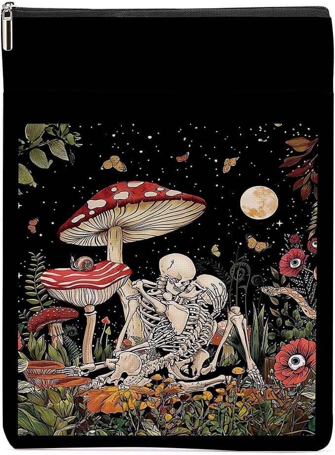 Floral Romantic Skull Book Sleeve Books Lovers Gifts Aesthetic Book Cover Protector with Zipper and Front Pocket Books Pouch Accessories Bookish Gifts Mushroom Gift for Women Readers Wife