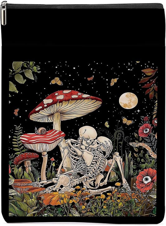 Floral Romantic Skull Book Sleeve Books Lovers Gifts Aesthetic Book Cover Protector with Zipper and Front Pocket Books Pouch Accessories Bookish Gifts Mushroom Gift for Women Readers Wife