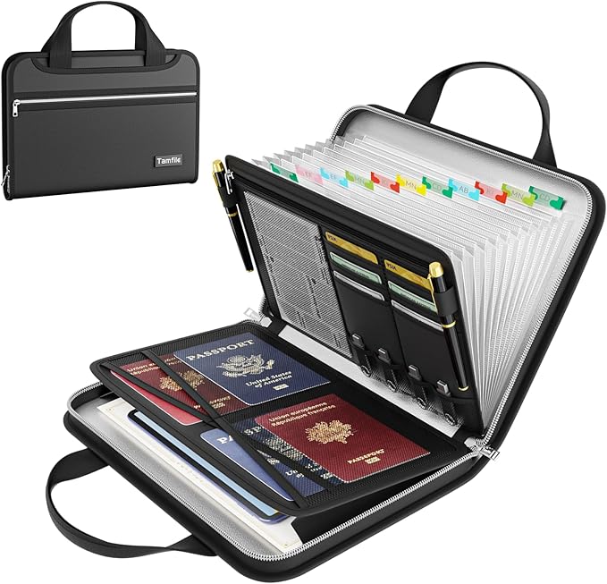 Tamfile Accordion File Organizer, Enhanced Fireproof Important Document Organizer with 13 Transparent Pockets, Portable Home Travel Safe Storage Expanding File Folder for A4 File,Letter,Paper,Black