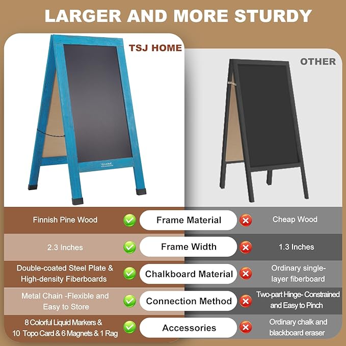 Wood Magnetic A-Frame Chalkboard Signs, 40" x 20" Large Sandwich Board Signs Outdoor, Double-Sided Sidewalk Blackboard for Business, Wedding, Vendor Display, Coffee Shope -Blue