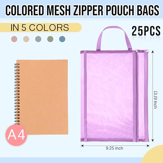 Marspark 25 Pack Colored Mesh Zipper Pouch Bags Double Layer Nylon Puzzle Bags A4 Zipper Pouch with Handle for Toy Organizer Storage School Office (Purple, Blue, Watermelon Red, Yellow, Rose Red)
