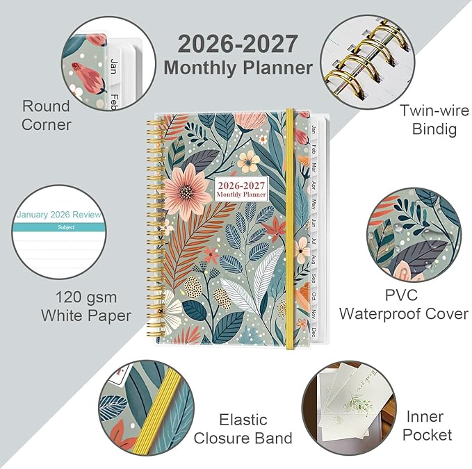 2026-2027 Monthly Planner - January 2026 - June 2027, Two Pages Per Month, 18 Monthly Calendar/Planner with Tabs, Inner Pocket, 6.4" x 8.5", Flower-A