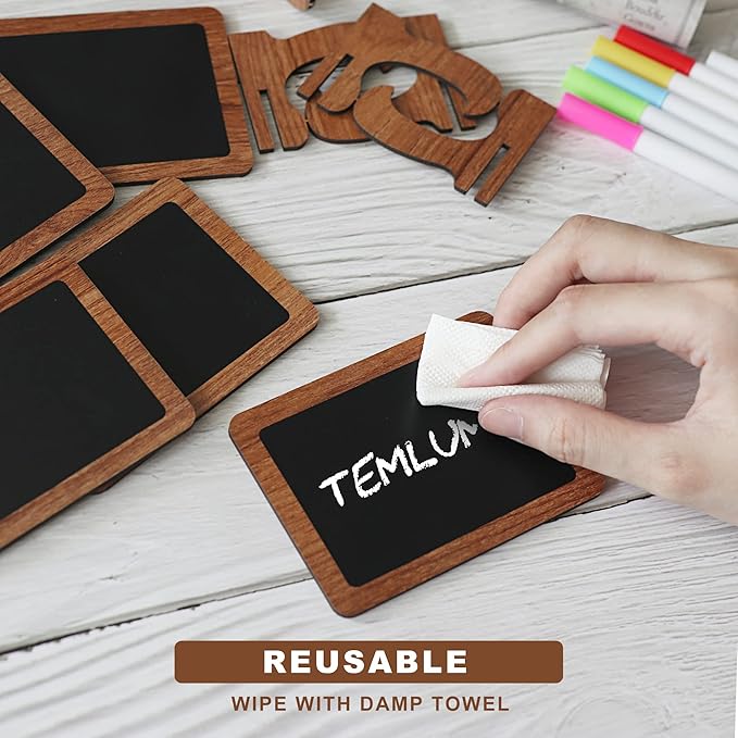 Temlum 15 Pcs Mini Chalkboard Sign with 6 Color Chalk Markers, 2.9″ x 3.9″ Wooden Blackboard Reusable Small Chalkboards for Food, Buffet, Parties, Message Boards, Table Numbers (Rectangular)