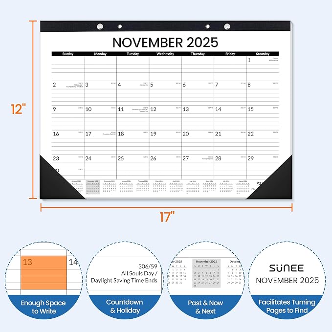 SUNEE Desk Calendar 2026, 18 Months from Oct. 2025 to Mar. 2027, 17"x12" Academic 2026 Calendar for Home, School, or Office Desk Top Organizing, Black Monthy Calendar 2026